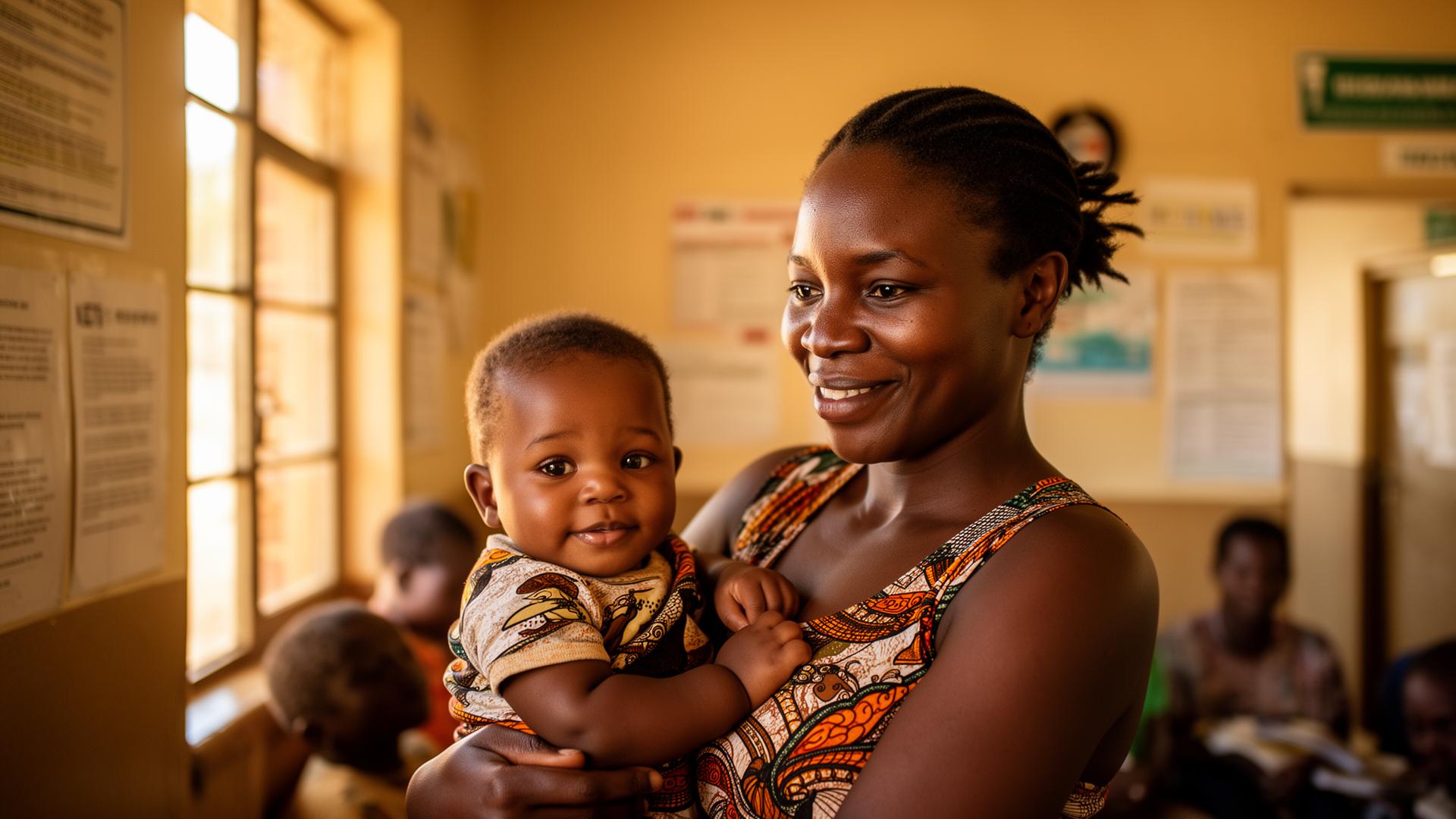 A mother holding her baby in the clinic waiting area